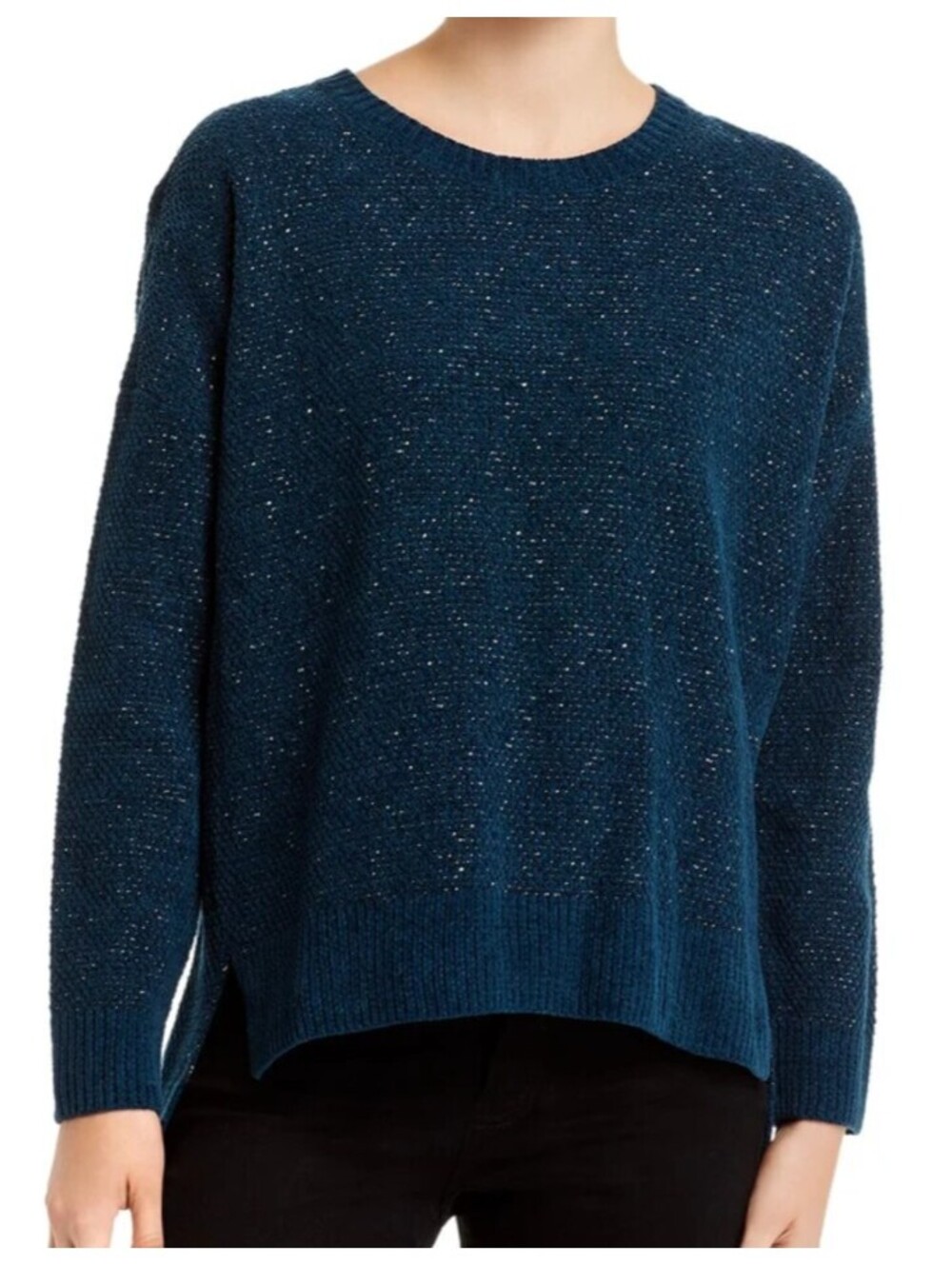 EILEEN FISHER teal blue cotton knit crew neck sweater sz M